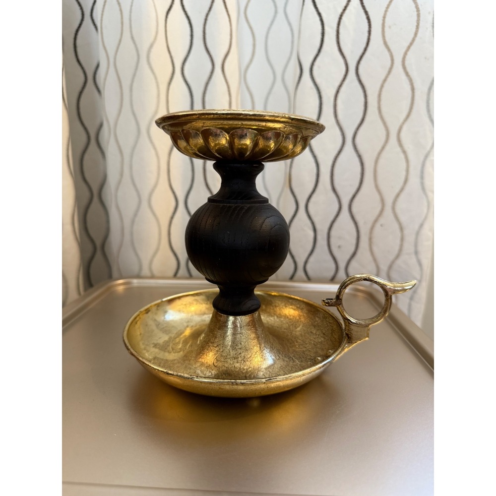Vintage Gold Tone Metal and Dark Wood Chamberstick Candle Holder with Handle